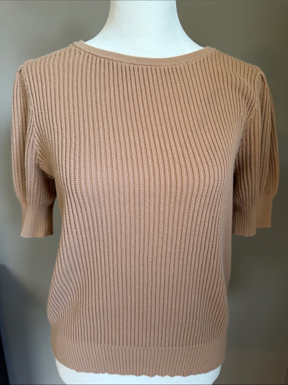 Express Ribbed Knit Puff Sleeve Sweater Top Tan Camel Medium